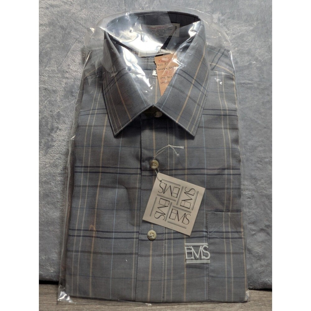 New Vintage EMS Men's L Blue Gray Plaid Woven Casual Button Down Shirt NWT